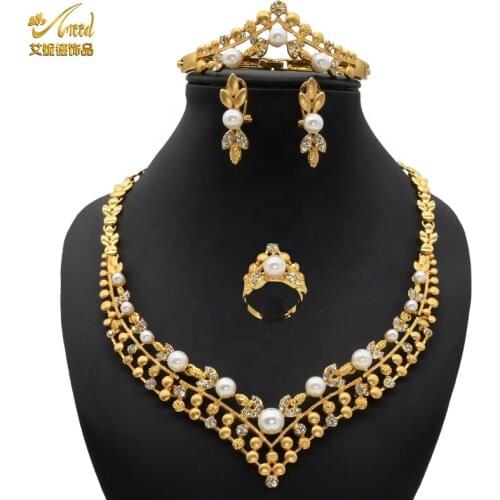 African Jewelry Set Nigerian Wedding Necklace Set Alloy Arabic Gold Bangle Brazilian Bridal Dubai Rings Womens Pearl Earrings