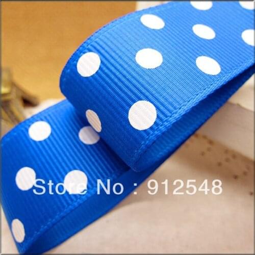 1" (25mm) Grosgrain ribbon Polka Dots printed blue ribbon with white dots, DIY hairbow accessories,ZYD010