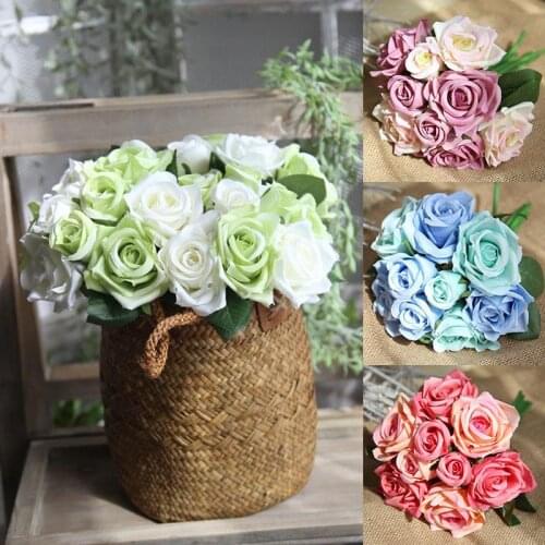 Hot 9 Heads 1 Bundle Silk Rose Bouquet Home Decoration Accessories Wedding Party Scrapbook Fake Plants Artificial Roses Flowers