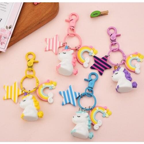 Cute Fashion Unicorn Keychain for Couple Eomen Girl Keychain Rainbow unicorn Resin Animal Key Ring Handbag Pendant Keyfob