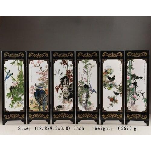 Mini ) Exquisite Chinese Handwork Lacquer Painting Bird Flower Folding Screen
