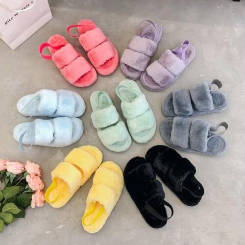 Fashion Trendy Women Soft Plush Thick-soled Home Indoor Outdoor Fur Slippers Women Fashion Colorful Heel Straps Sandals