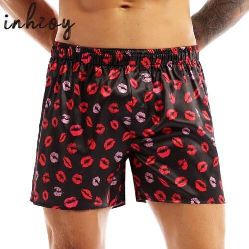 Fashion Men Silk Satin Lip Love Heart Print Boxer Shorts Summer Loose Lounge Sports Shorts Pajamas