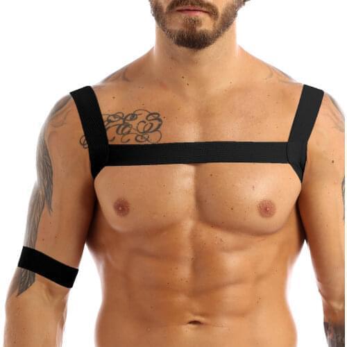 Mens Fashion Body Chest Harness Belt Costume Lingerie Elastic Shoulder Muscle Bondage Support Brace Hollow Out with Arm Band