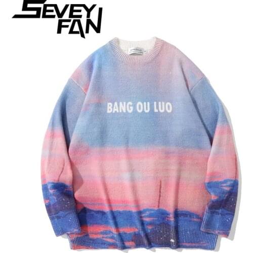 SEVEYFAN Tie-Dye Sweater Mens Long-Sleeved Loose Knitted Sweater Fashion and Colorful Couple Pullover