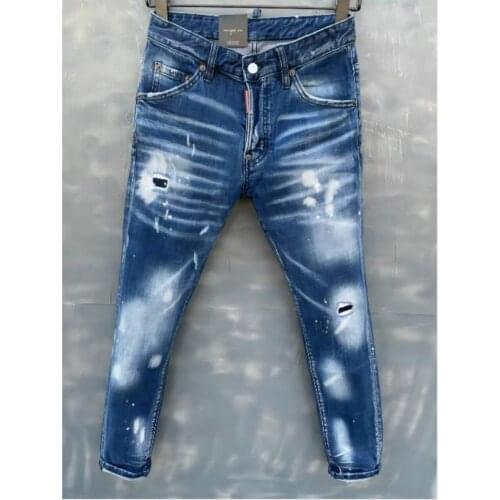 New Tattered Paint Stitching Mens Slim Stretch Jeans Light Blue Embroidered Motorcycle Pants 009
