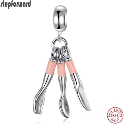 DIY 925 Sterling Silver Knife And Fork Hanging Charm For Bracelet Tableware Design Unique Fashion Popular Necklace Pendant