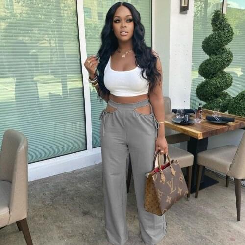 Casual Side Hollow Out Wide Leg Trousers for Women Fashion High Waist Floor Length Pant Activewear Ladies Loose Boot Cut Bottom