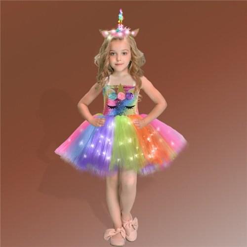 Rainbow Unicorn Dress Girls Led Light Flower Birthday Party Tutu Outfits Kids Halloween Christmas Unicorn Costume with Headband