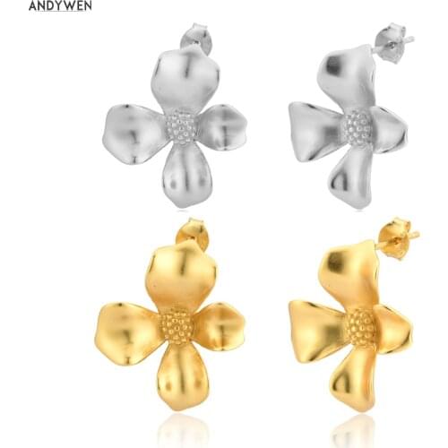 ANDYWEN 925 Sterling Silver Gold Large Flower Stud Earring Women Fashion Piercing Jewelry For Women Luxury Jewels Crystal