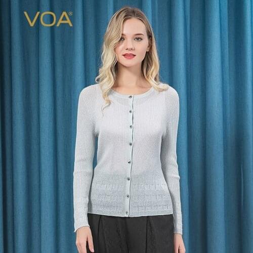 VOA Pure Cashmere 60 Count Worsted Long Sleeved Uneven Strip 18 Pin Single Breasted Cardigan R90 Womens Winter Sweaters 2020
