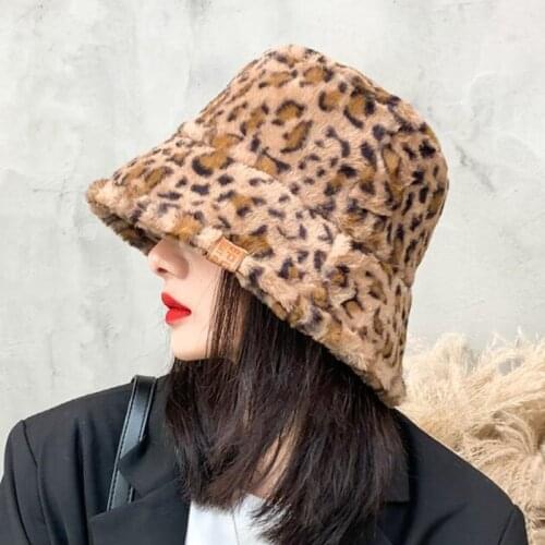 XdanqinX Elegant Women Winter Leopard Hat Cute Sweet Bucket Hats Plush Thicken Girl Student Cap Net Red Trend Casual Brand Caps