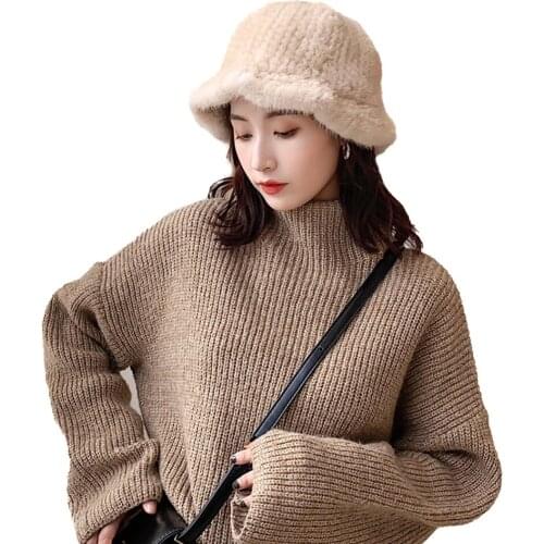 Winter Warm Fur Hat Women Real Mink Fur Cap With Ruffled Bucket Cap Handmade Fluffy