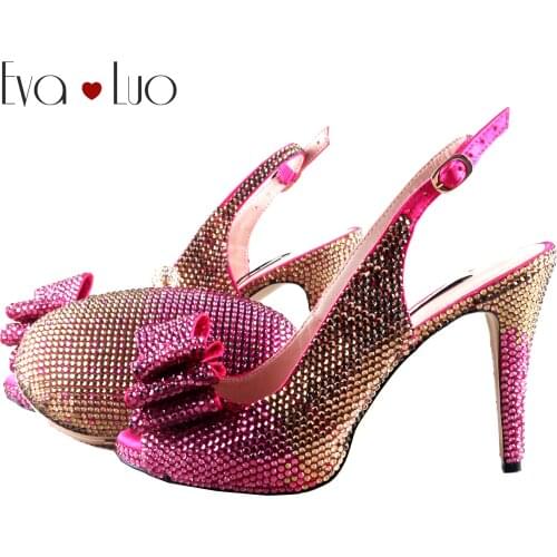 BS1075 Custom Handmade Gold Fuchsia Crystal Bow Shoes with Matching Bags Set Slingbacks Block Heel Women Bridal wedding Shoes