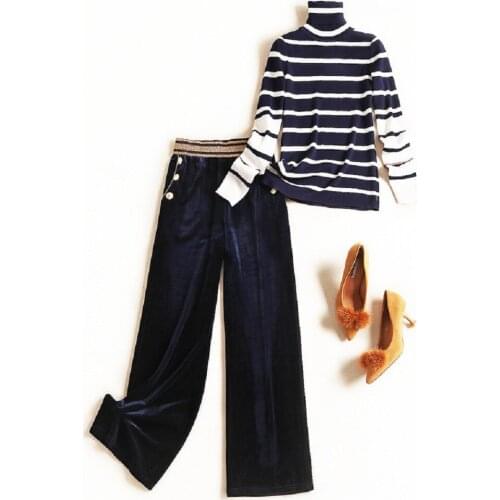 Women autumn winter velvet pant suit elastic waist wide leg pants + turtleneck knitted striped sweater two piece set red blue