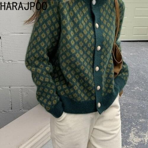 Harajpoo Women Cardigan Autumn Winter New 2021 Sweater Coat Yellow Retro Loose Outer Wear Knitted Long Sleeve Casual Trendy Tops