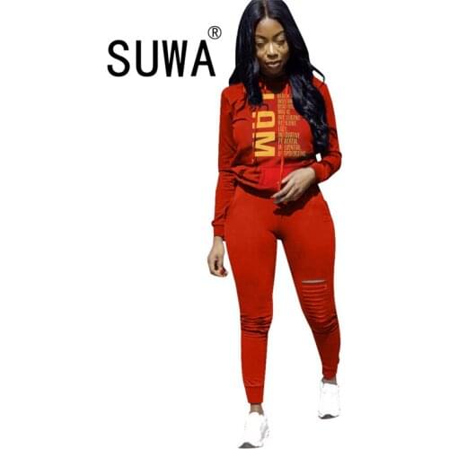 Two Piece Outfits Women Letter Printed Long Sleeve Sweatshirt Top And Classic Hole Pencil Pants Tracksuit Matching Sets Hot Sale