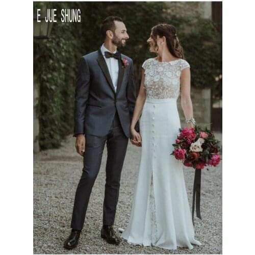 E JUE SHUNG Fashion Boho Wedding Dresses Scoop Neck Short Sleeves Back Front Split Bridal Gowns Backless Lace Robe De Mariee