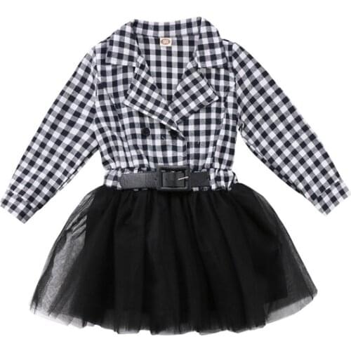 2018 Fashion Casual Cute Newborn Baby Girls Cotton Long Sleeve Turn-down Collar Black White Plaid Sashes Lace Tutu Dress 2-7Y