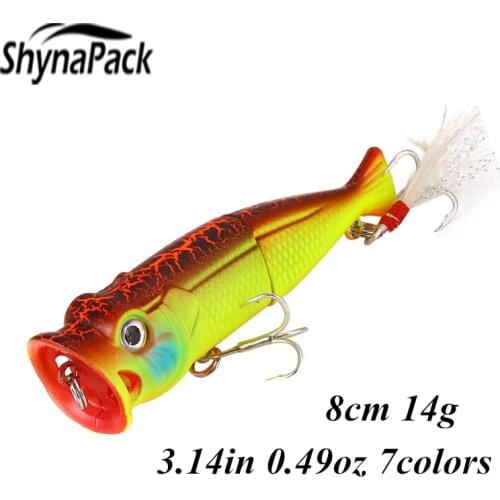 8cm/14g Topwater Popper Bait Crank Artificial Wobblers Plastic Fishing Tackle Spinner Fishing Hard Bait With Feather Treble