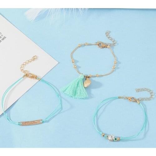 3 PCS/LOT Fashion Simple LOVE Shell Handwork Wrap Bracelet Set Blue Tassel Fashion Birthday Gift for Women Girl Friend