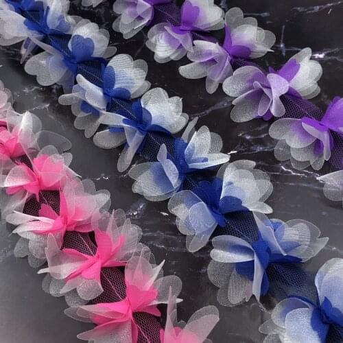 10yards/250pcs Flowers 3D Chiffon Cluster Flowers Lace Dress Decoration Lace Fabric Applique Trimming DIY Sewing Supplies