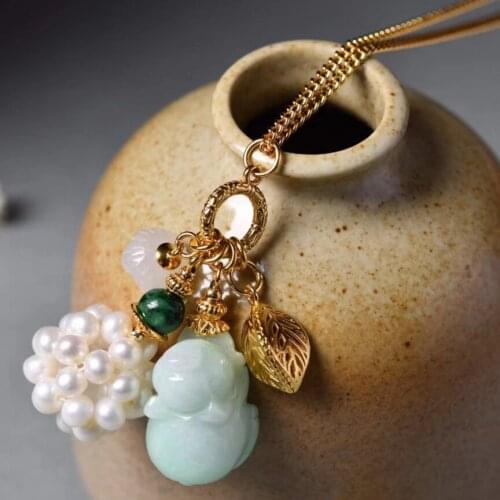 Natural Jadeite Pig Pendant Long Necklace Women Girls Sweater Chain Pearl White Jade Sterling Silver Plated 18Kgold Adjustable