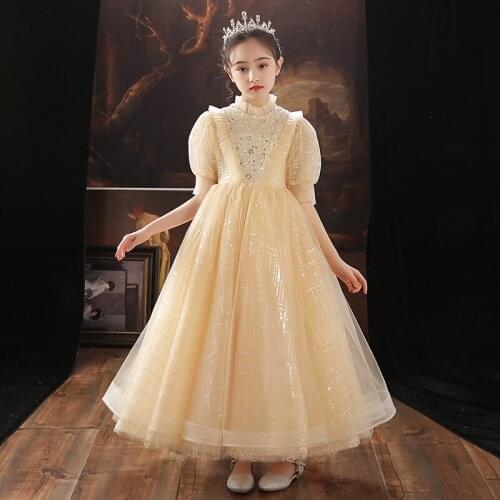 2021Summer Autumn New Kids Teens Elegant Princess Fluffy Tulle Dress For Piano Host 3~12T Girls Children Birthday Party Dresses