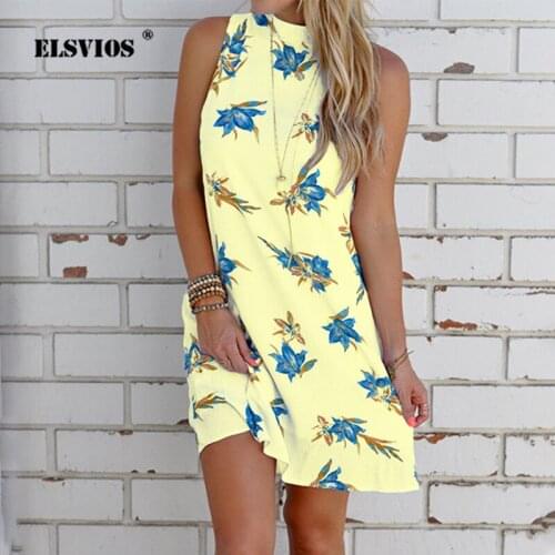 ELSVIOS 5XL Hollow Out Backless Floral Print Dress Women Casual O Neck Sleeveless Beach Dress Sexy Summer Party Dresses Sundress