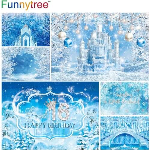Funnytree Ice Frozen Birthday Background Castle Winter Snow Blue Fairy Christmas Party New Year Backdrop Photo Photophone