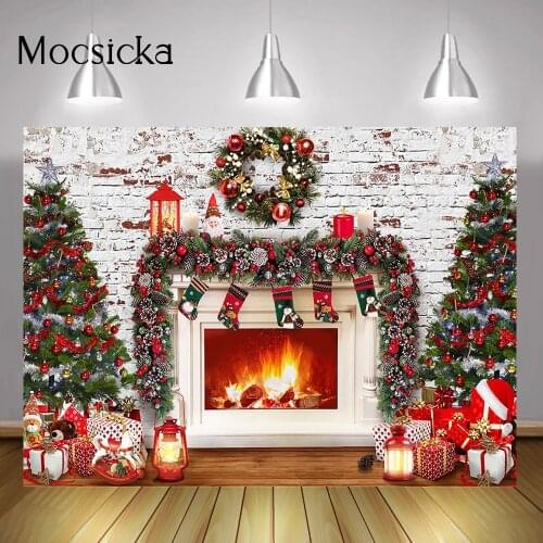Photography Backdrop Winter Christmas Fireplace Photoshoot Brick Wall Merry Xmas Party Background Decorations Socks Gifts Wreath
