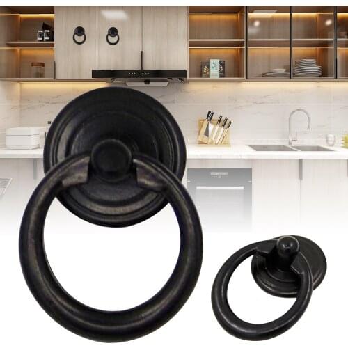 2pc Black Ring Pull Handle Cabinet Knob Drawer Dresser Cupboard Drop Zinc Alloy