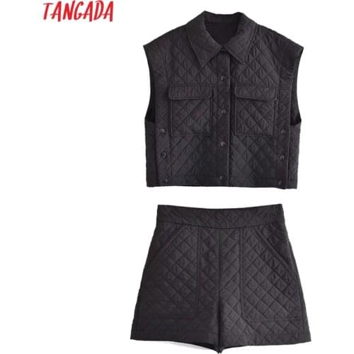 Tangada 2021 Womens Set Solid Padded Waistcoat Shorts Set Autumn Fashion Suit 2 Piece Set QN171