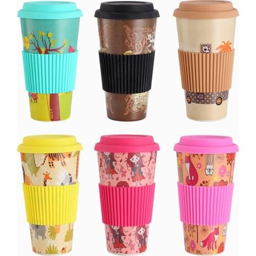 Reusable Coffee Cup Bamboo Fiber Tea Cup Health Drink Water Mug Multi-function With Lid Non-slip Silicone Set Graffiti Cup