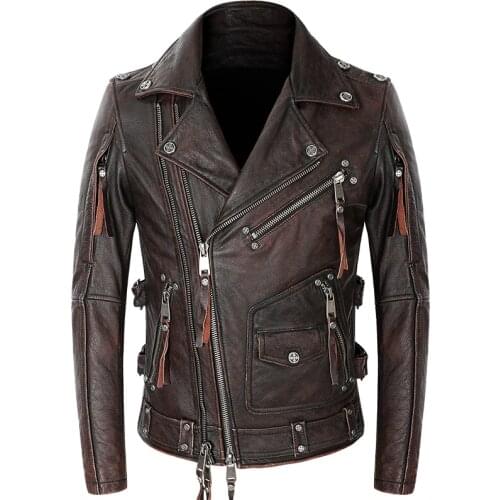 Mens Vintage Genuine Leather Jacket 100% Cowhide Motorcycle Biker Coat Punk Rock Zipper Real Leather Moto Riders Jackets