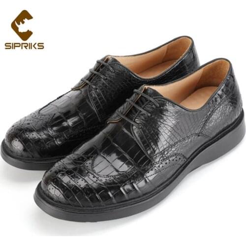 Sipriks Mens Casual Leather Shoes Real Crocodile Skin Derby Shoe Elegant Black Boss Business Leisure Shoes Wedding Party Rubber