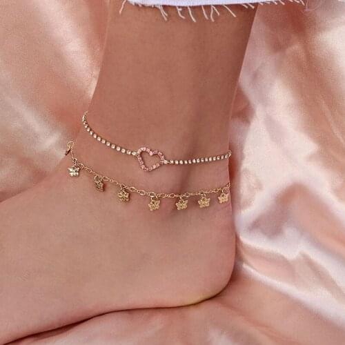 2 Pcs/Set Sweet Women Anklets Set Heart Pink Crystal Butterfly Tassel Pendant Gold Anklet Fashion Beach Party Jewelry