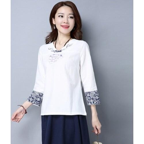 Chinese Style Clothing Women Clothes 2021 Cheongsam Top Chinese Traditional Shirt Blouse Cotton Hanfu Ladies Chinese Tops 12317