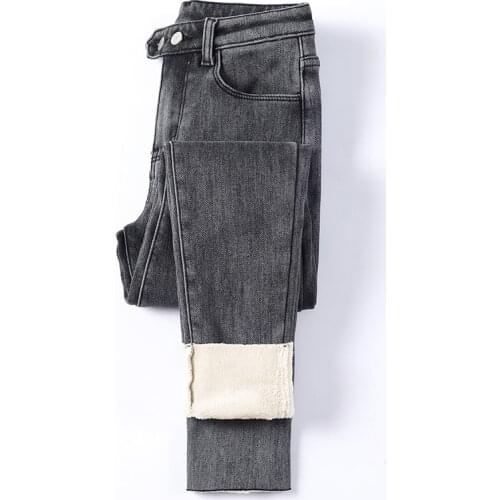 Plus velvet jeans womens outer wear autumn and winter new lamb velvet thin feet stretch tight high waist winter pencil pants