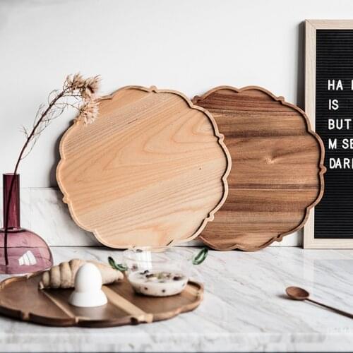 Japan Style Acacia Wood Entrance Storage Trays for Sundries/Keys Creative Vintage Flower Edge Tea Tray Desserts Plate