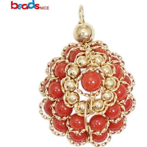 Beadsnice ID39770smt2 Wire Wrapped Red Coral Pendant Gold Fiiled Flower Charm for Necklace Jewelry Making