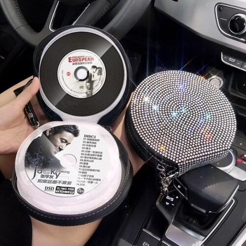 Portable Bling CD DVD Bags Rhinestone Leather Storage Case Big 28 Capacity Protective CD Holder Women for Car Home