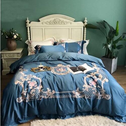 Luxury Embroidered 120S Egyptian cotton Royal Bedding sets Queen King Wedding Duvet cover Bed sheet set Blue Pillowcases 4pcs