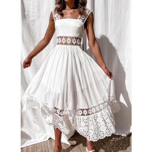 White hollow lace flower pattern patchwork flowy dress Summer sexy backless sleeveless square collar swing beach midi dress 2021