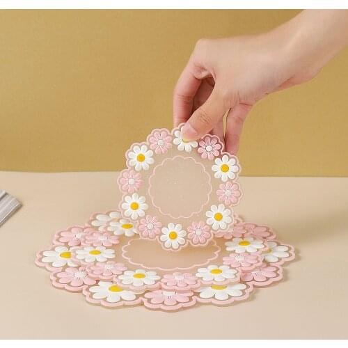 Cute Coasters Flower Insulation Placemat PVC Soft Rubber Dining Tableware Pot Mat Non-Slip Flower Print Cup Coaster Table Mat