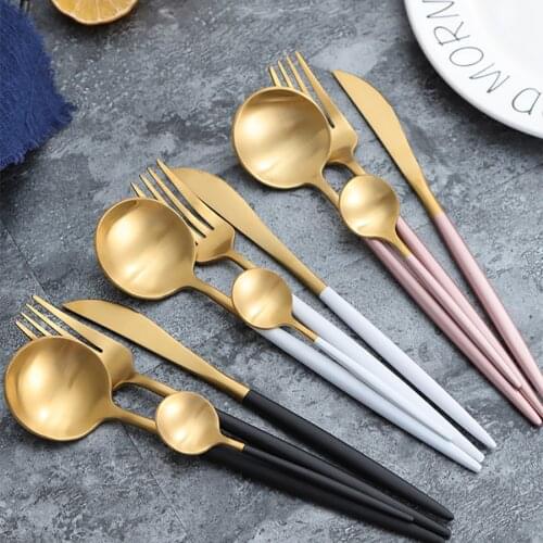 Flatware Stainless Steel Dinner Spoon Fork Spoon Knife Set Black Cutlery Gold Flatware Kitchen Bestek Goud Home Flatware 50F009