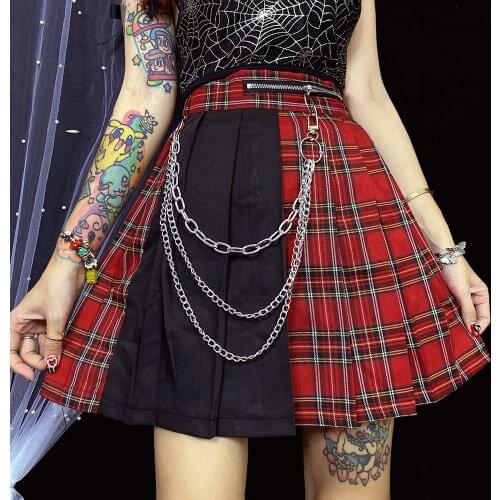 Japanese Plaid Short Skirt Stitching Chain Harajuku Hot Girl Street Womens Skirt Summer Sweet Casual Pleated Mini Skirt Female