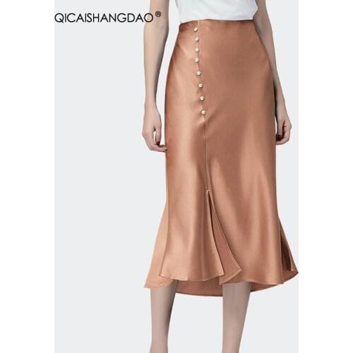 Mid-Length Ladies Satin Skirt Womens Pearls Beaded 2021 Spring Summer New High Waist A-Line Split Elegant Fashion Office Bottoms