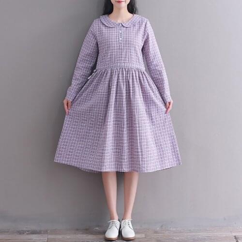 Spring autumn women plaid dress new fashion peter pen collar long sleeve vintage Vestidos cotton linen dress