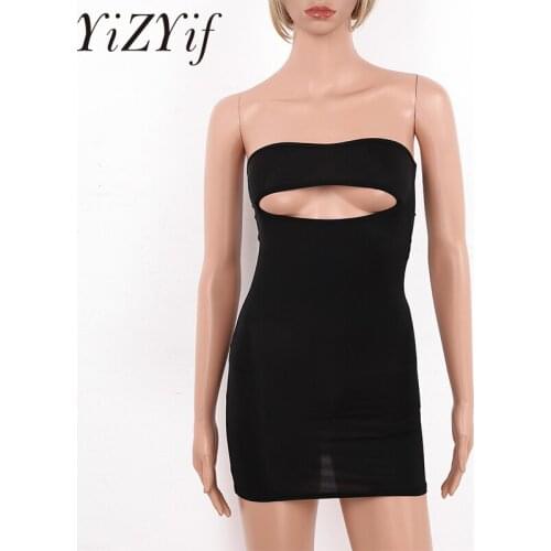 Women Tube Dress Erotic Sheer Semi See Through Bodycon Mini Dress Strapless Chest Hollow Out Tight Dress Nightwear Sleepwear